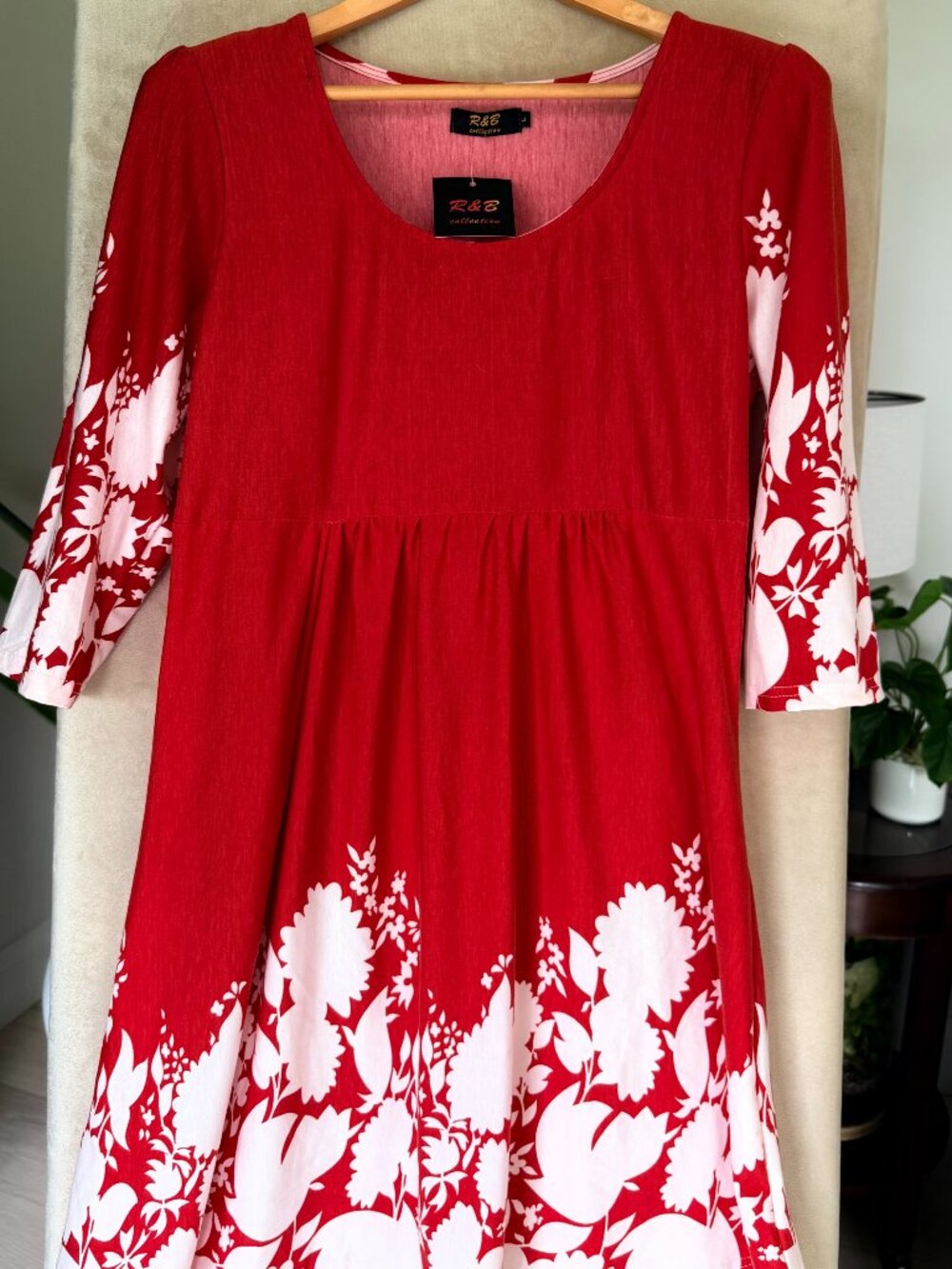 R&B Collection NWT Red White Floral Border A-Line Dress Size L